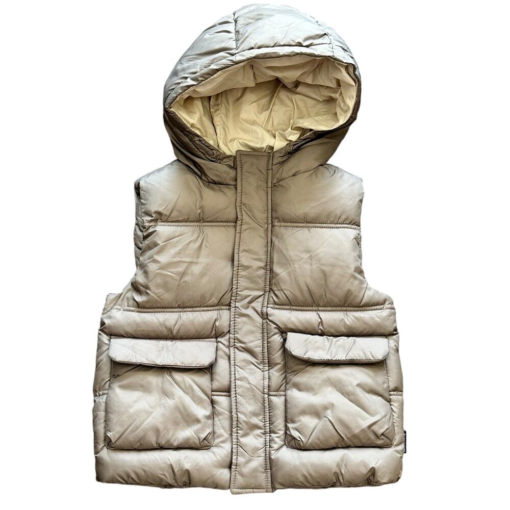 Zara Kids Hooded Puffer Vest Taupe Neutral 4-5Y